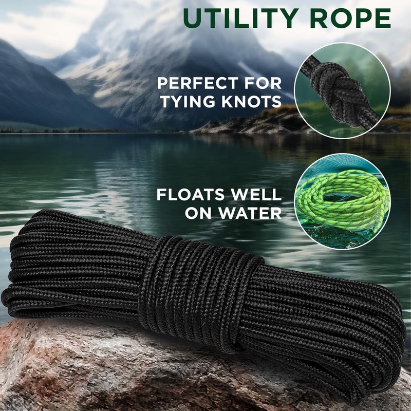 TECEUM Rope – 1/4” & 3/8” – 90 FT | 150 FT – Strong All-Purpose Utility Rope – Camping, Crafting, Flag Pole, Indoor & Outdoor – Polypropylene Nylon Poly Lightweight Diamond Braided Cord – Black - Image 3